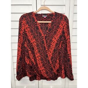 Vince Camuto Snakeskin Long Sleeve V-Neck Blouson Top Size Medium Red & Black